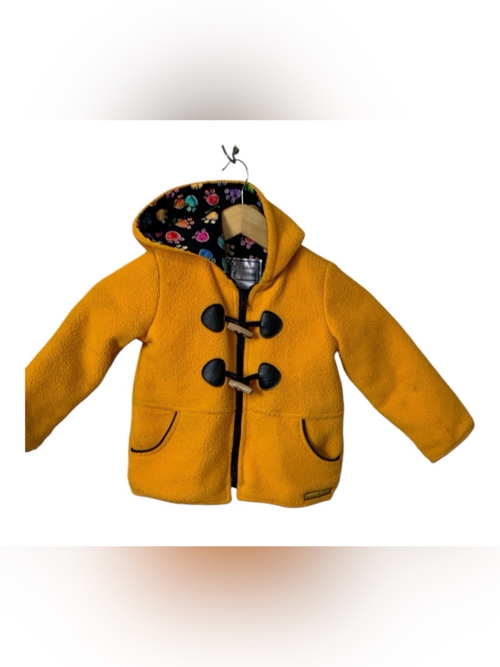 Louise Beland Toddler Size 2 Fleece Hooded Jacket Yellow Wooden Toggle Coat